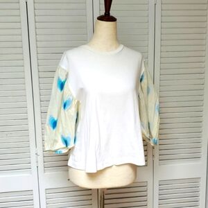 Bimba Y Lola White and Blue Hearts Boxy 3/4 Puffy Sleeve Cotton Tee Size S